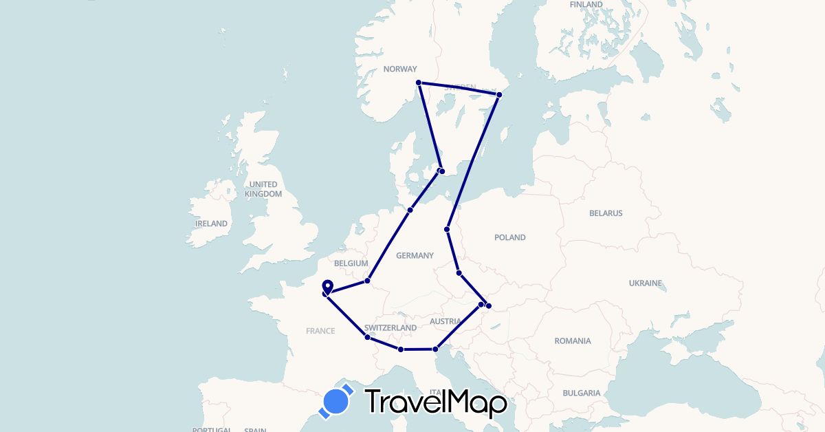 TravelMap itinerary: driving in Austria, Switzerland, Czech Republic, Germany, Denmark, France, Italy, Luxembourg, Norway, Sweden, Slovakia (Europe)